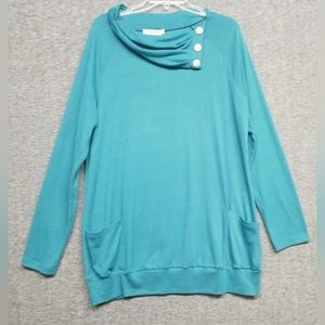 Miusey Womens Tunic Top Blue-Green Long Sleeve Cowl Neck Button Size 2XL